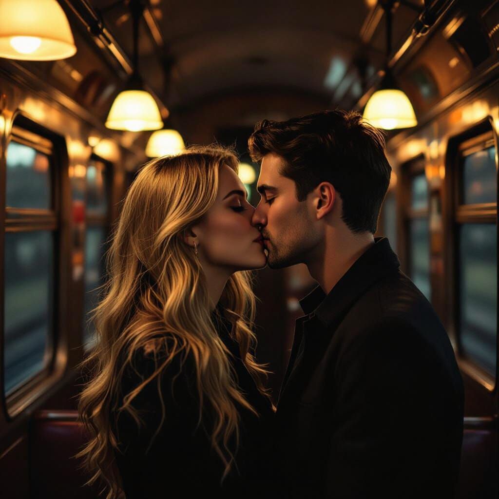 Couple Kissing on Retro Train in Moody Realism Style