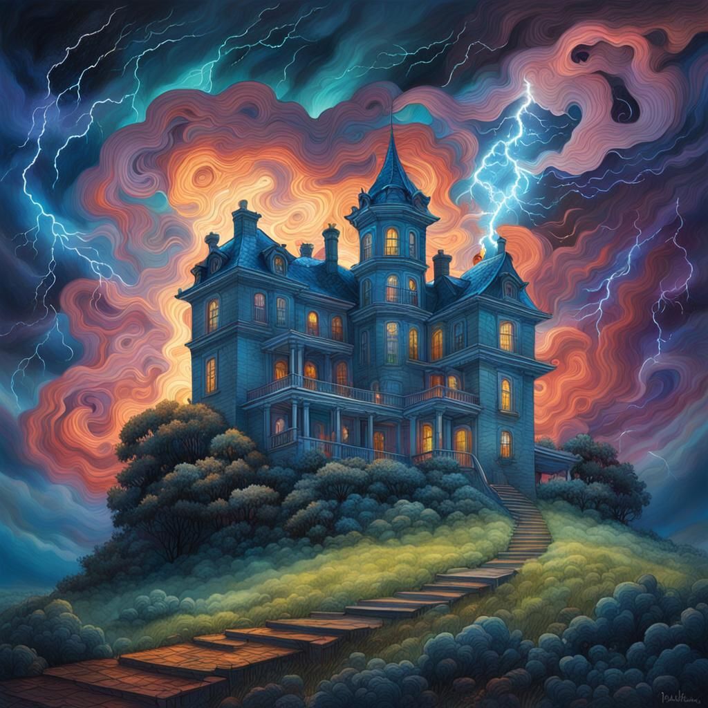 Cosmic Mansion Illustration in Mixed Media Style