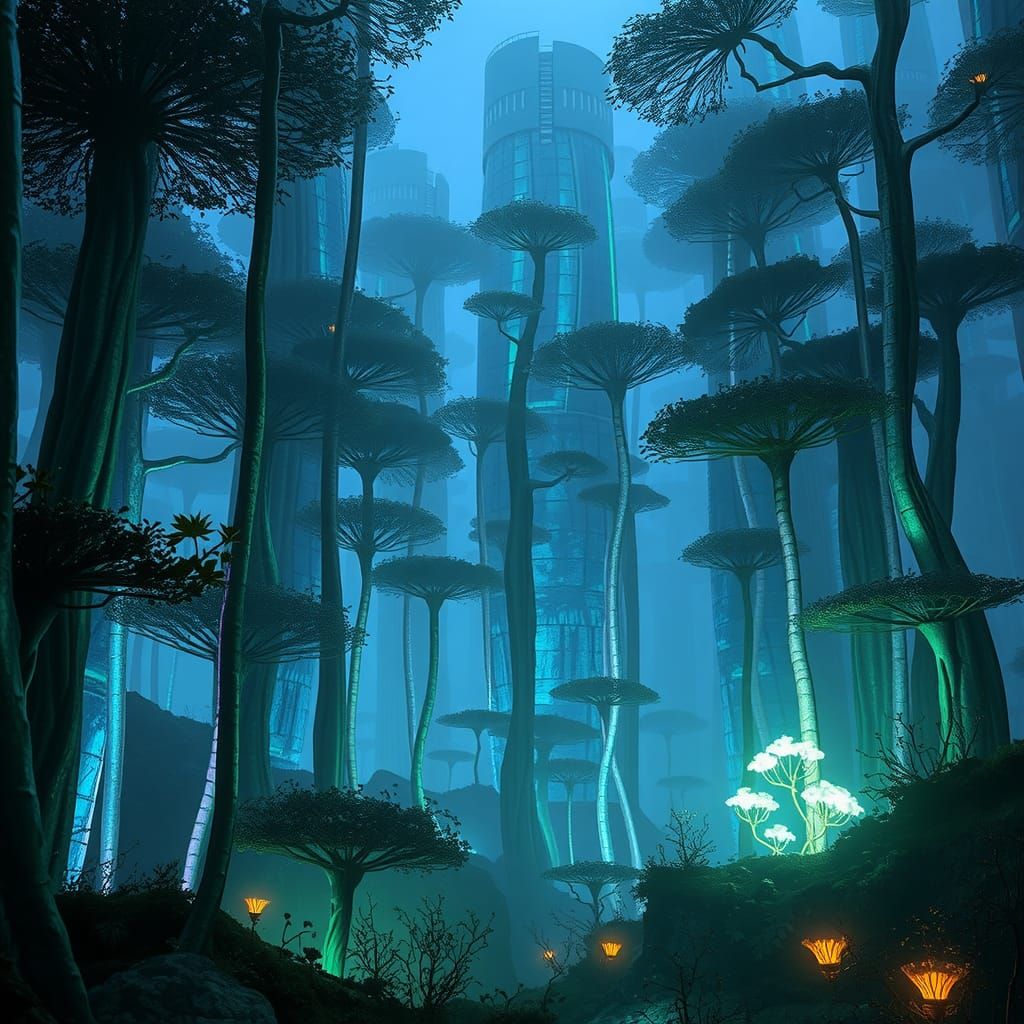 Mystical Alien Forest with Bioluminescent Flora