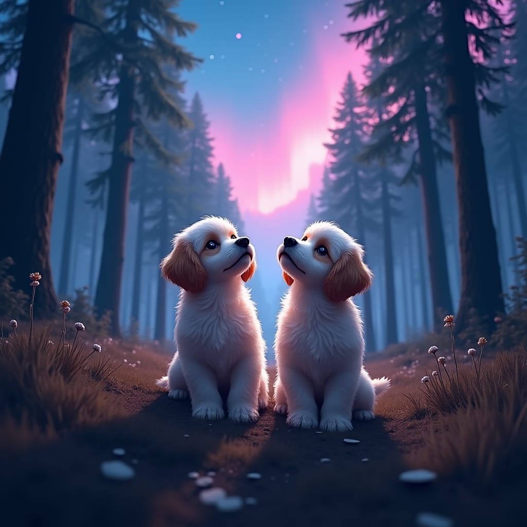 Cavachon Dogs in Mystical Forest Under Aurora