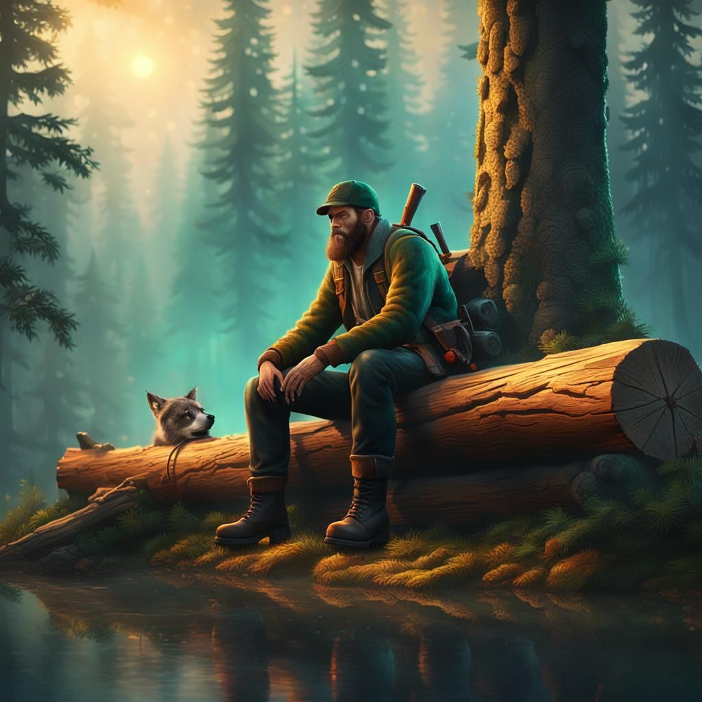 Lumberjack Resting in Misty Forest: Concept Art