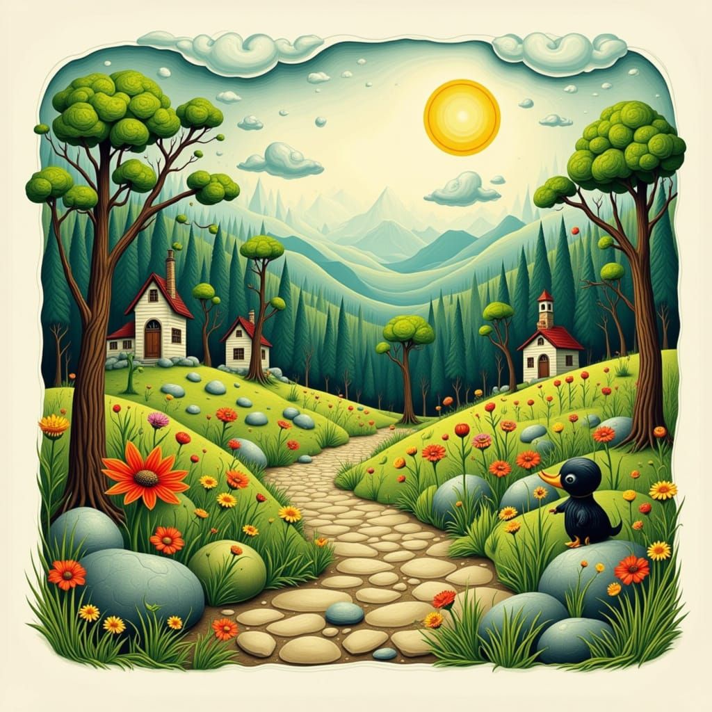 Charming Woodcut Landscape in Whimsical Style