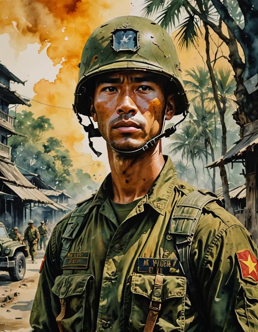 a piece of artwork depicting an American soldier from 1960’s Vietnam War era,
strikingly classical watercolor style, su...