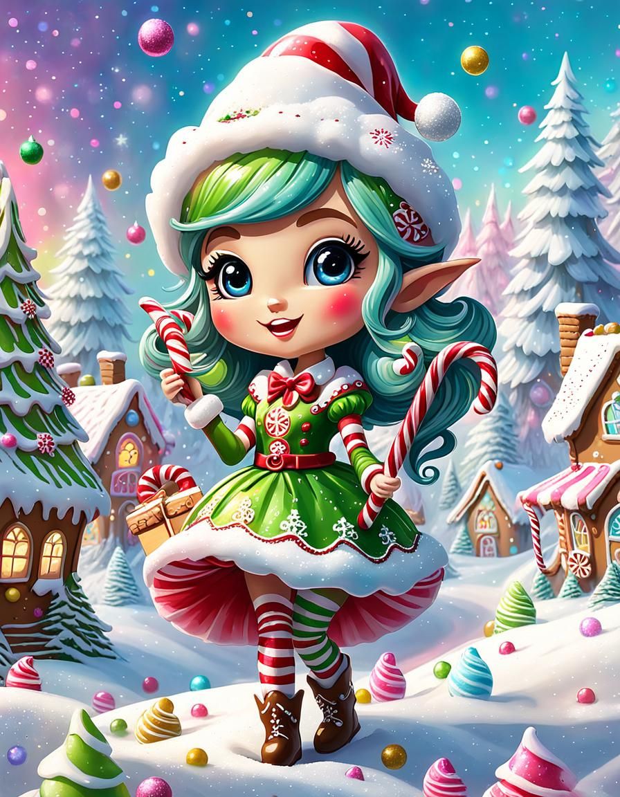 Cute Christmas Elf in Candyland, Hyperrealistic Graffiti Art