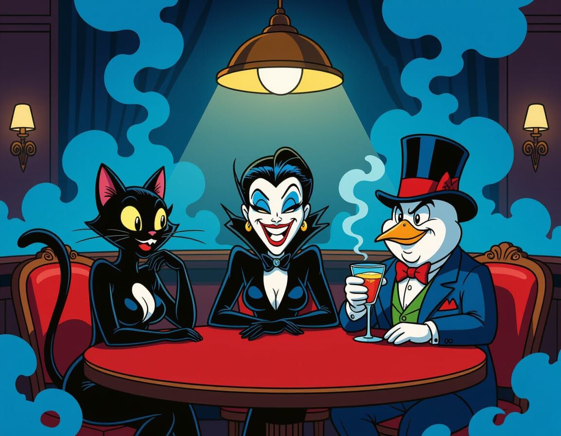 Catwoman, Joker, and Penguin in Noir Cartoon Bar