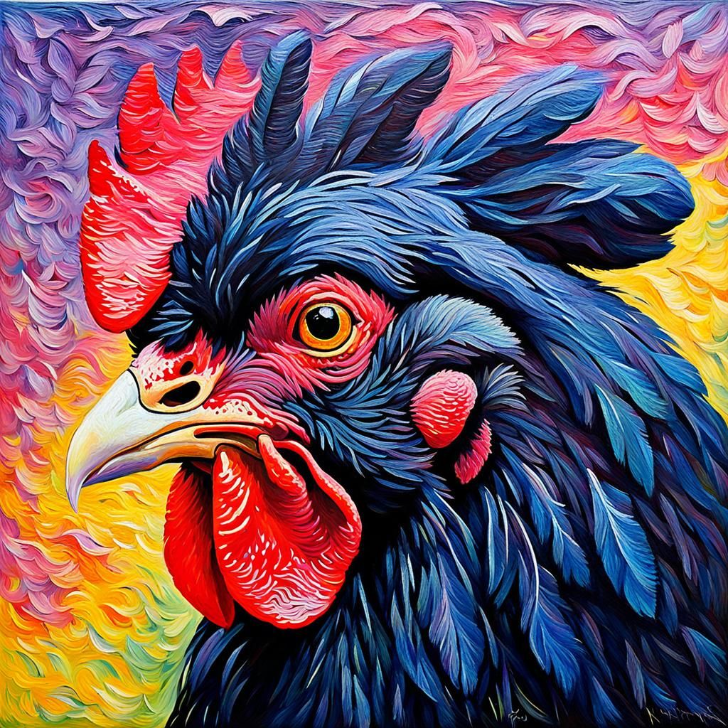 Detailed Fluffy Black Chicken in Expressionist Oil