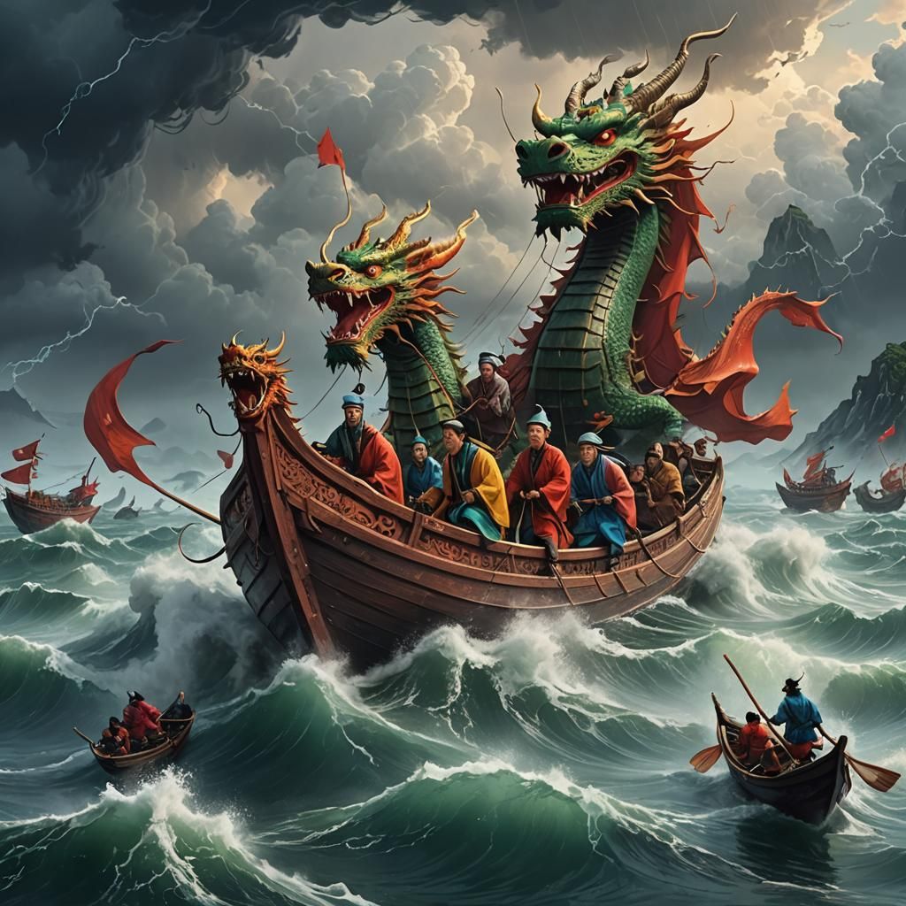 Chinese Villagers Brave Storm in Dragon Boat Art