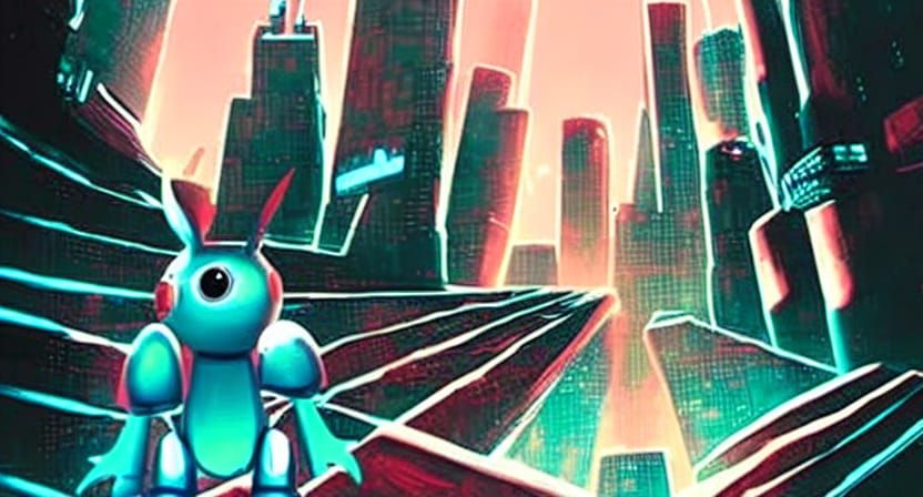 Alien Robot Rabbit in Futuristic Cityscape