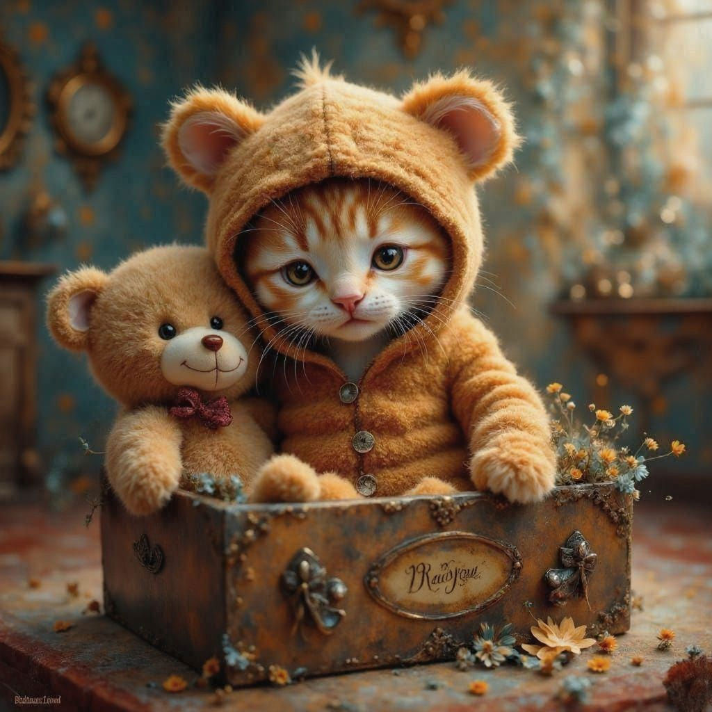 Whimsical Kitten in Teddy Bear Wonderland