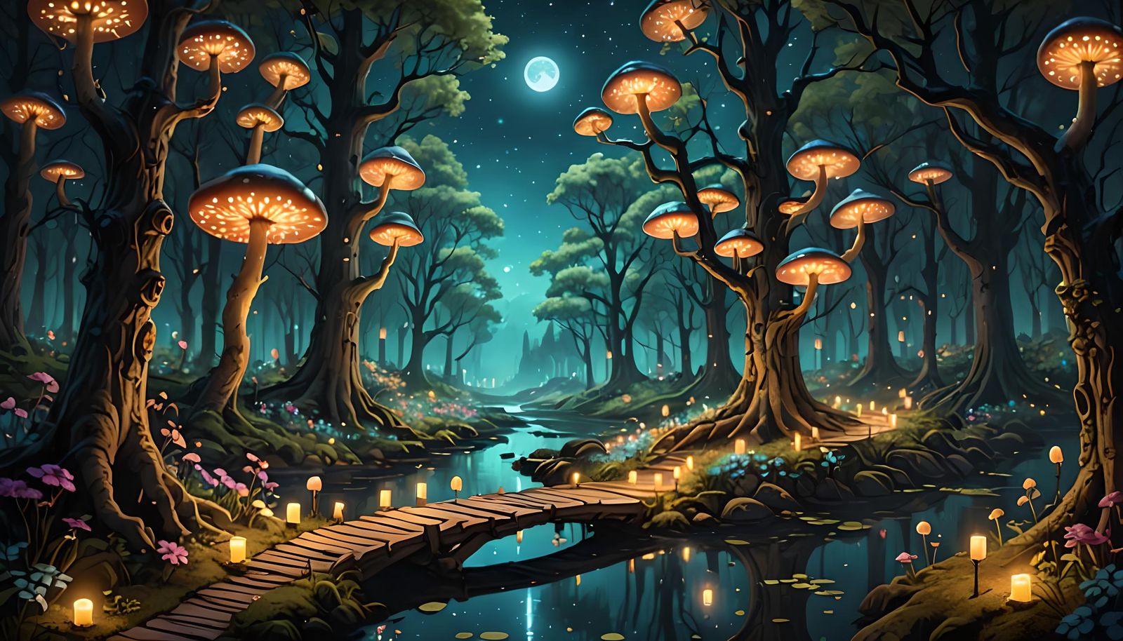 Enchanted Forest Pathway with Glowing Candles