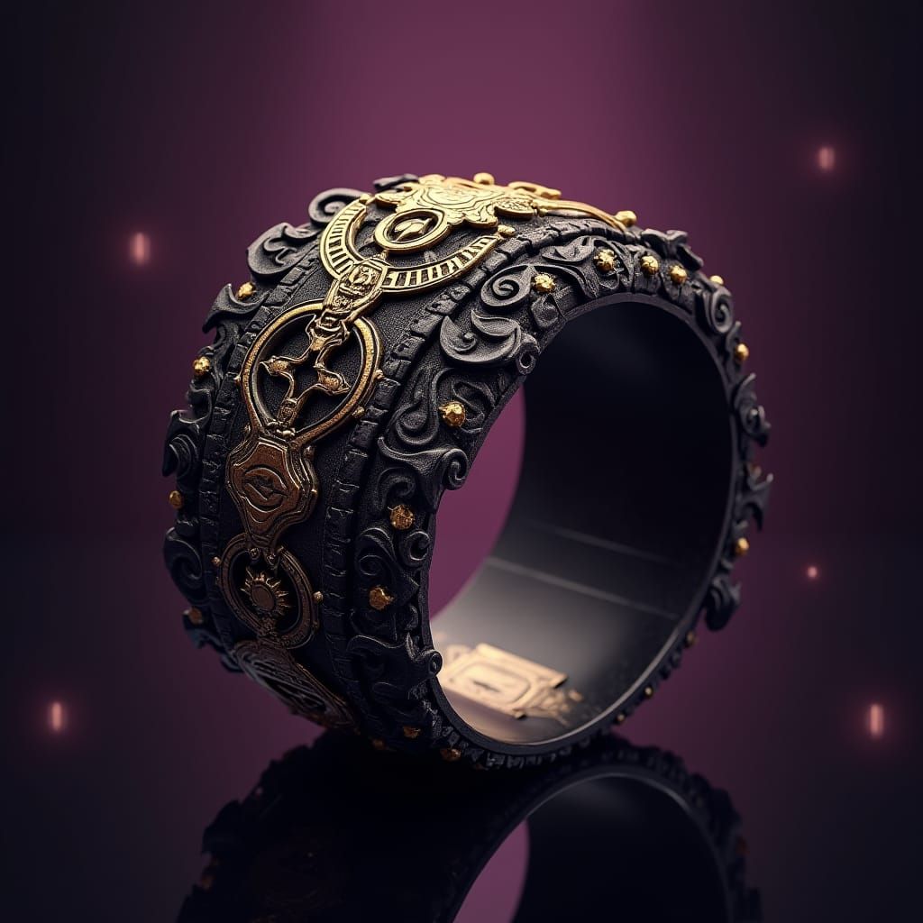 Ornate Black Bracelet with Ancient Runes in Dark Fantasy Sty...