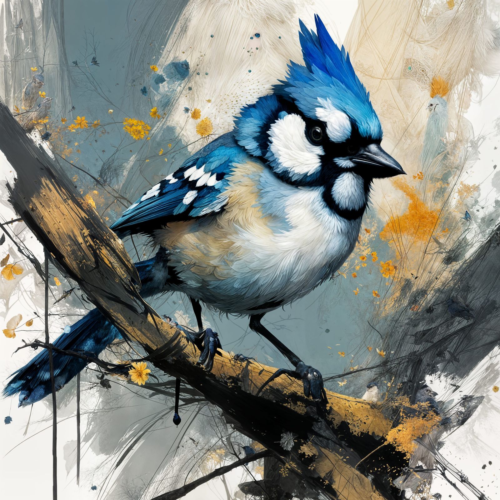 Adorable Chibi Blue Jay in Vibrant Garden