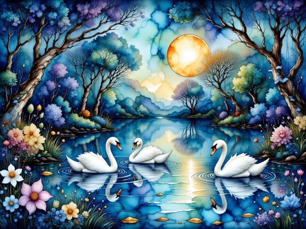 Serene Moonlit Scene with Swans