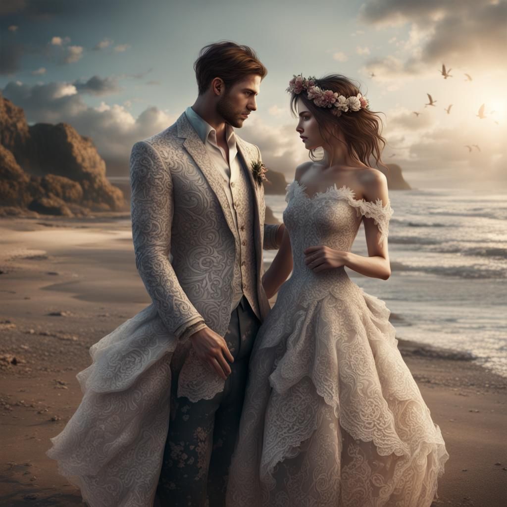 Lace Newlyweds on Beach: Detailed Matte Painting