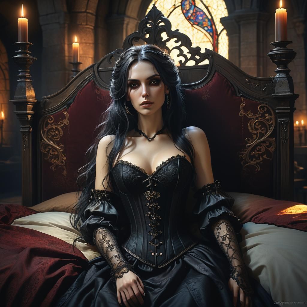 Gothic Woman in Medieval Castle: Sensual Digital Art