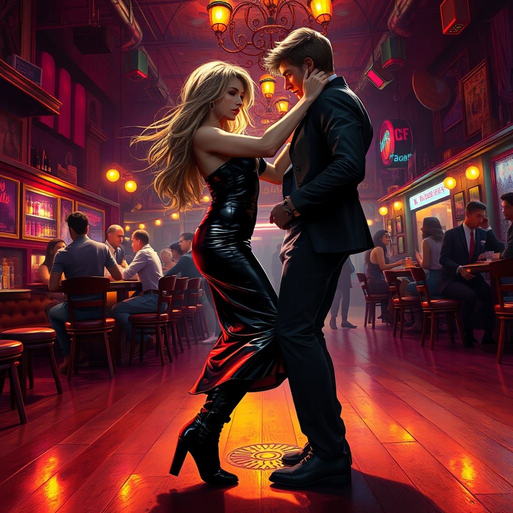 Woman Dancing in Retro Bar, Dark Fantasy Concept Art