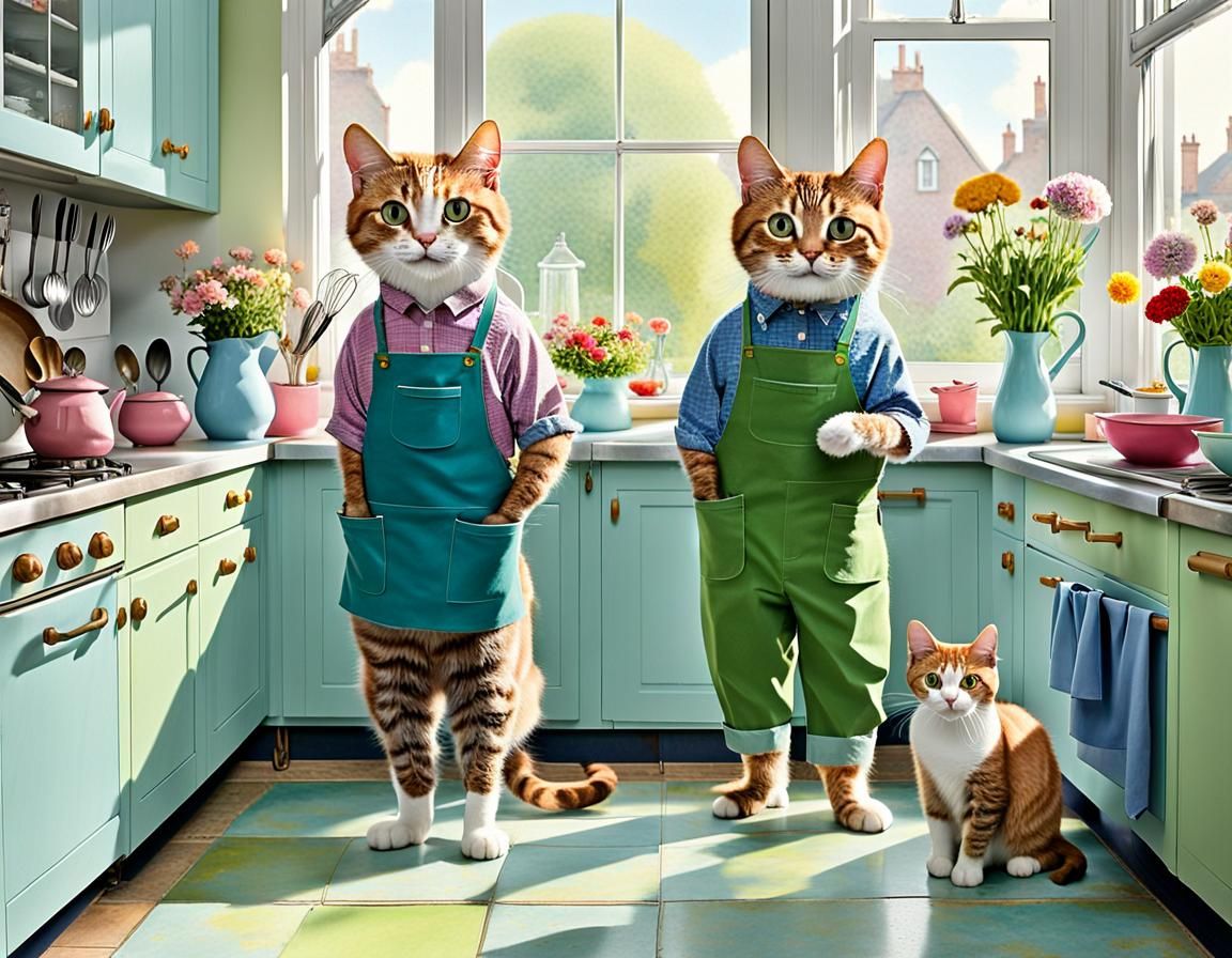 Whimsical Cats in Kitchen, Wallace Tripp Style