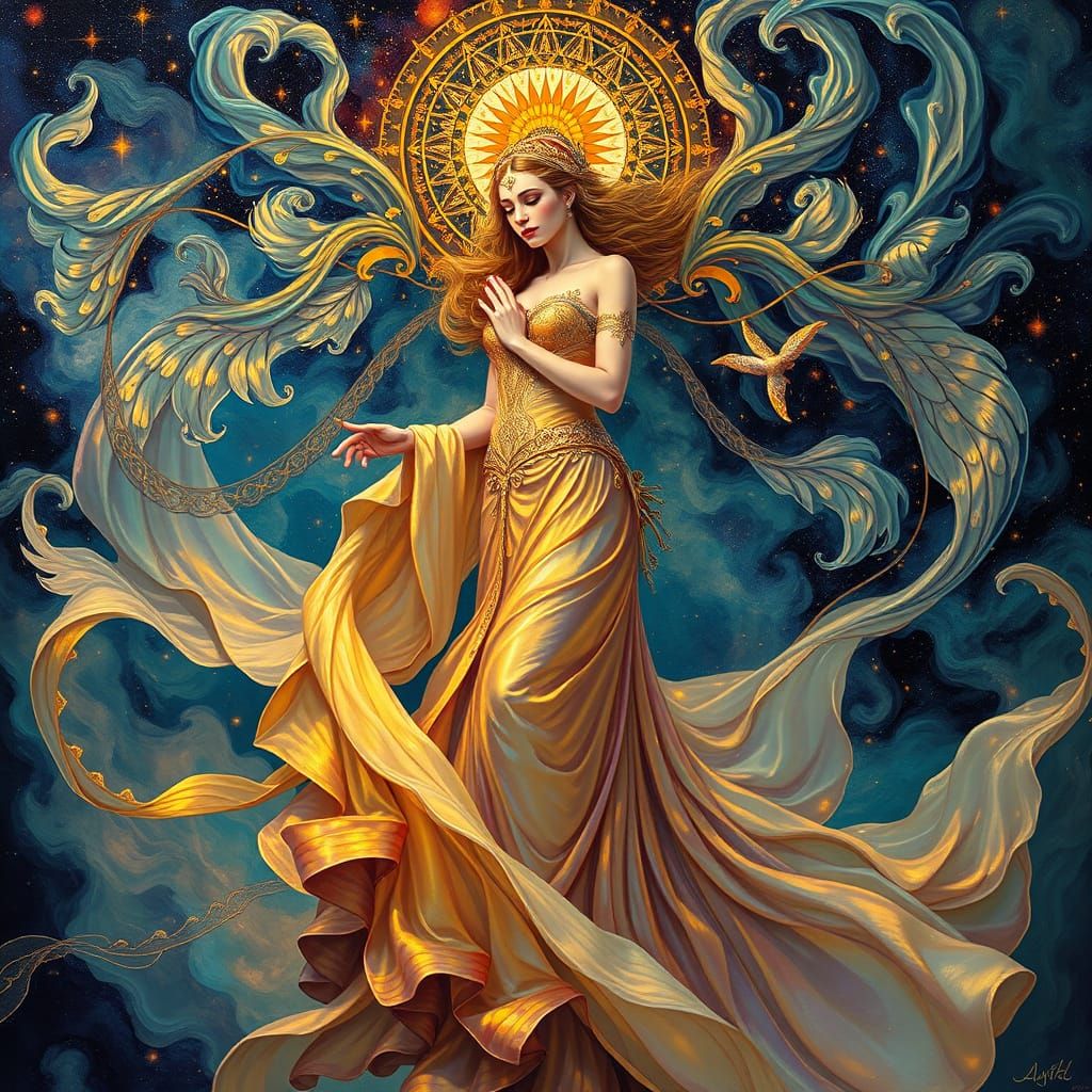 Ethereal Goddess in Art Nouveau Oil Painting