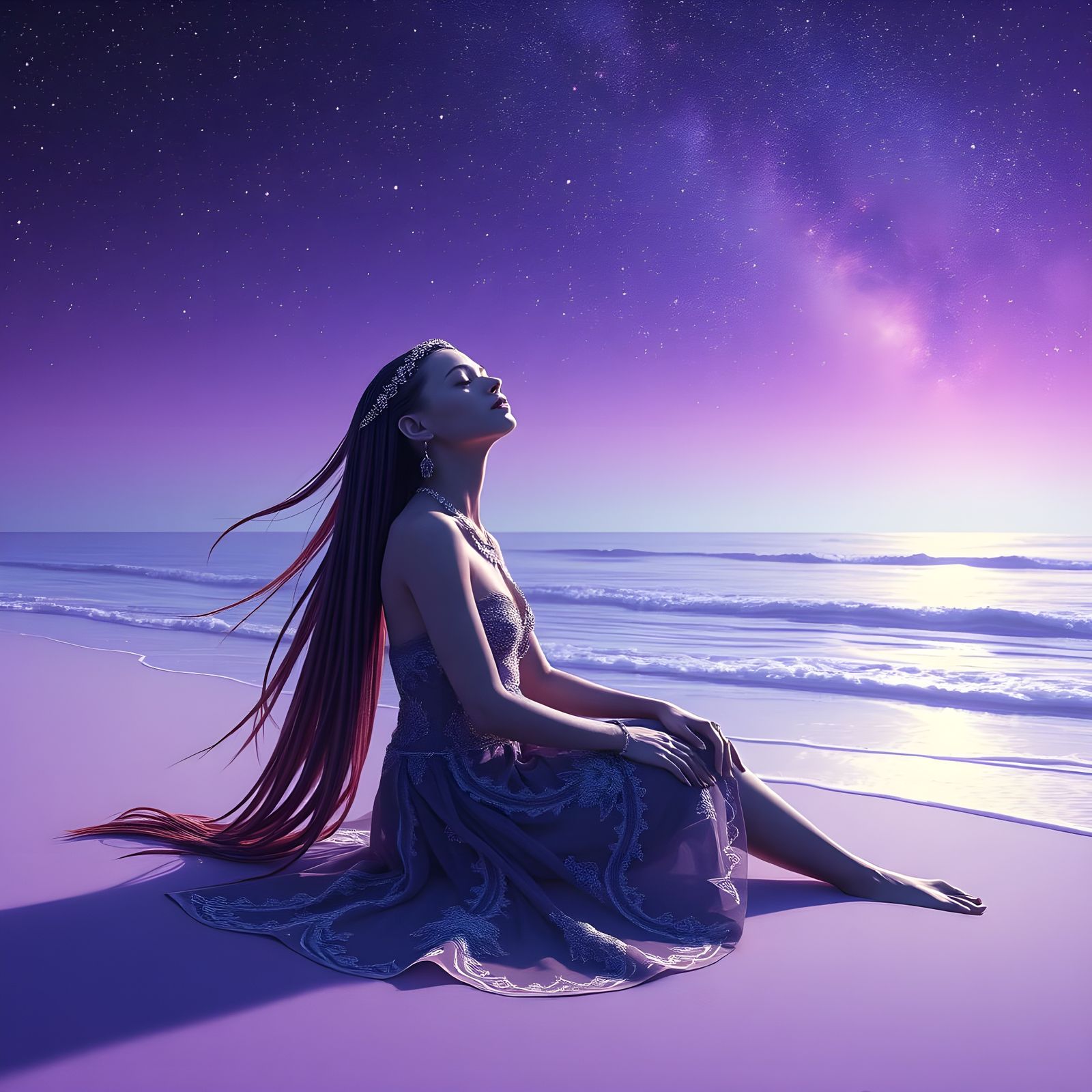 Exotic Alien World Purple Beach Sunset with Elegantly Dresse...