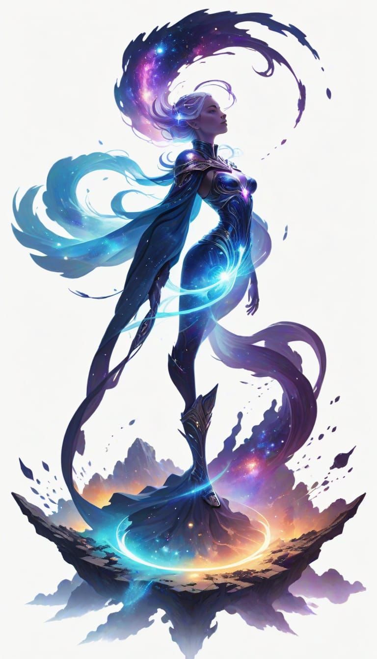 Powerful Woman Hero in Ethereal Cosmic Landscape