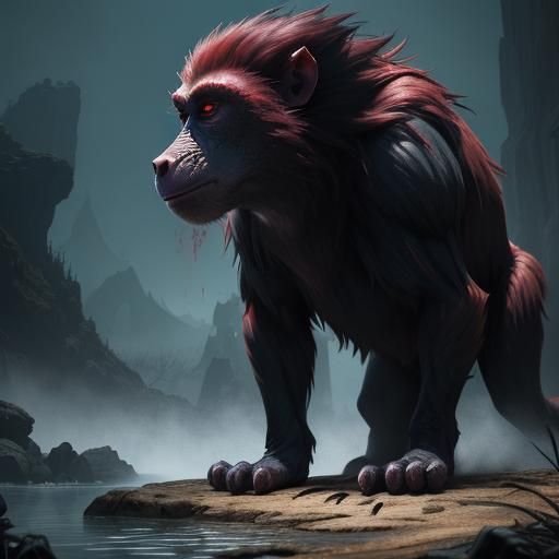 Snarling Crimson-Clawed Baboon in Dark Fantasy Art
