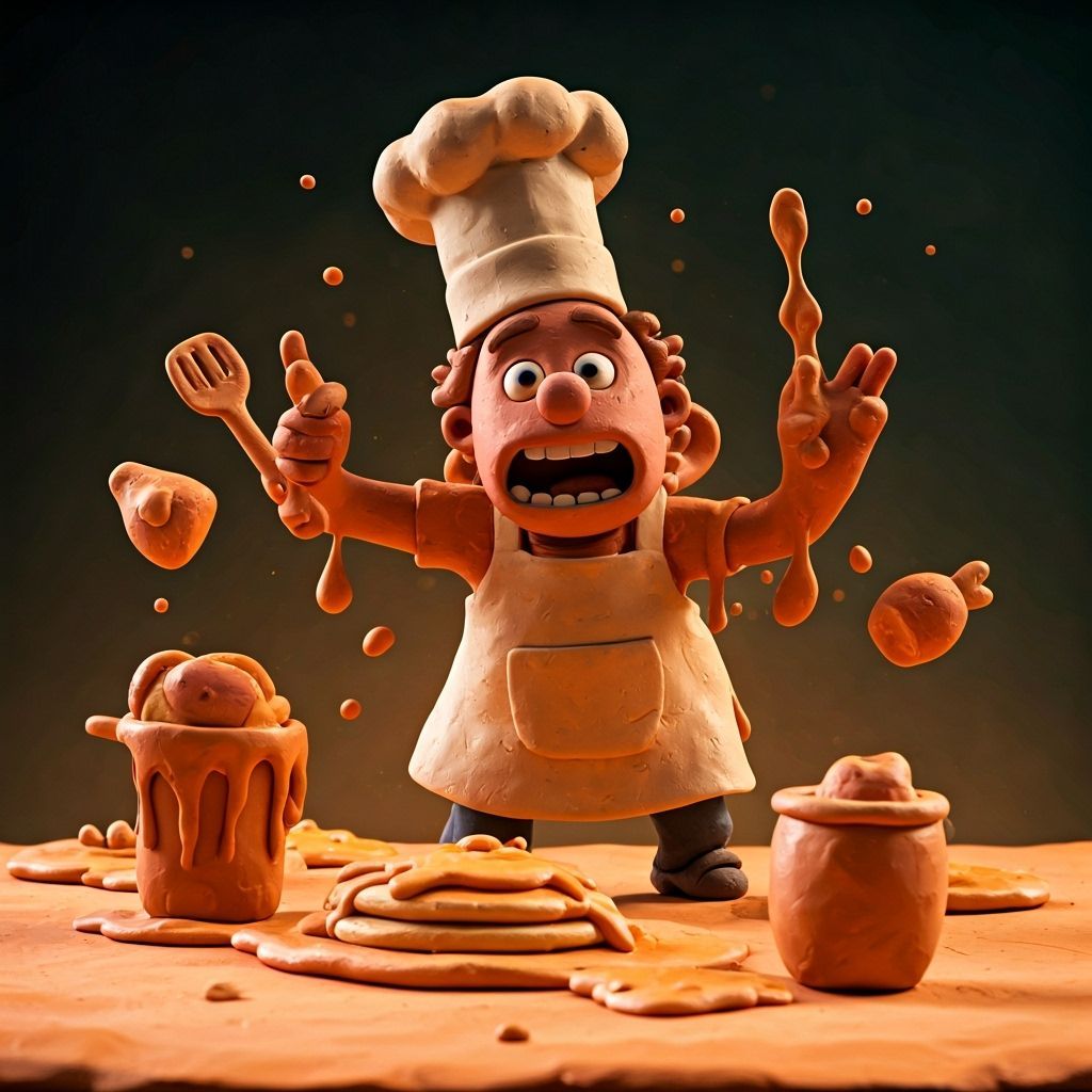 Whimsical Clay Chef Pancake Mishap