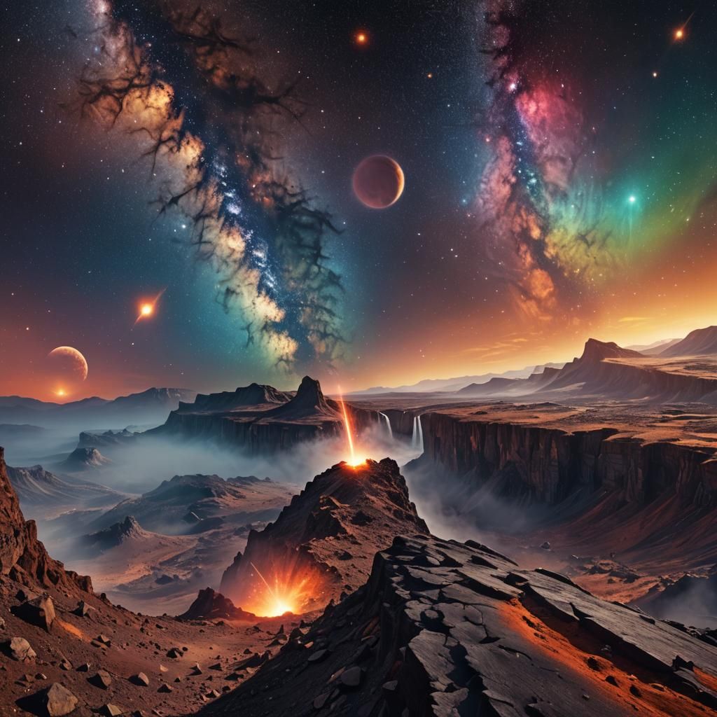 Cosmic Cliff: Galaxy, Comet, and Glowing Planets