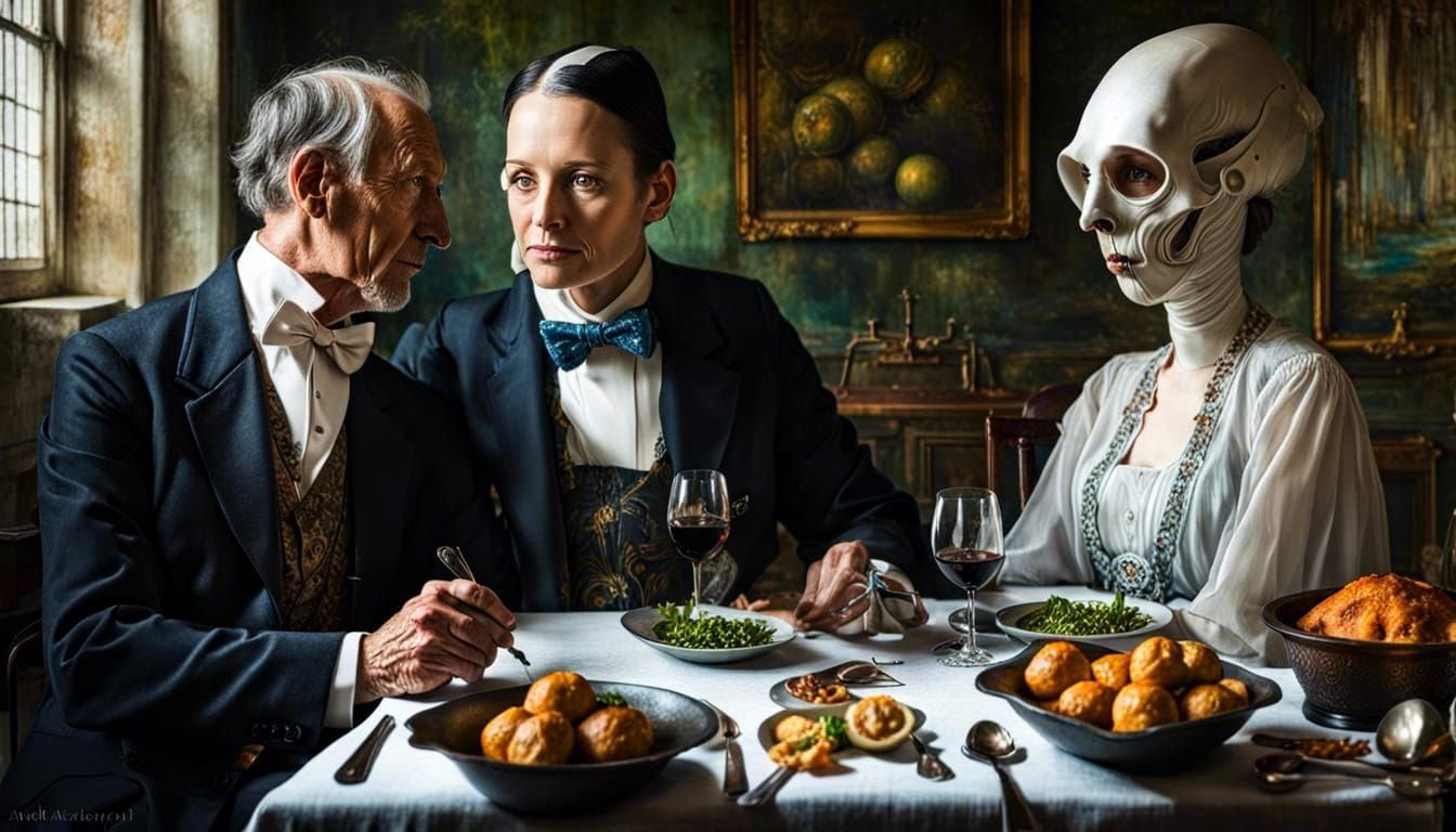 Surreal Alien Restaurant Celebration in Dreamy Light