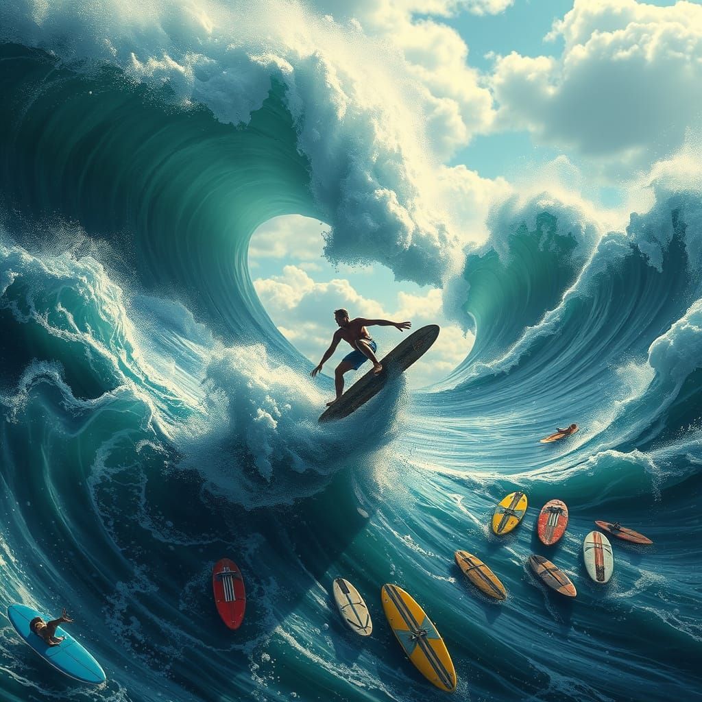 Epic Surfer Rides Colossal Waves in a Fantastical Scene