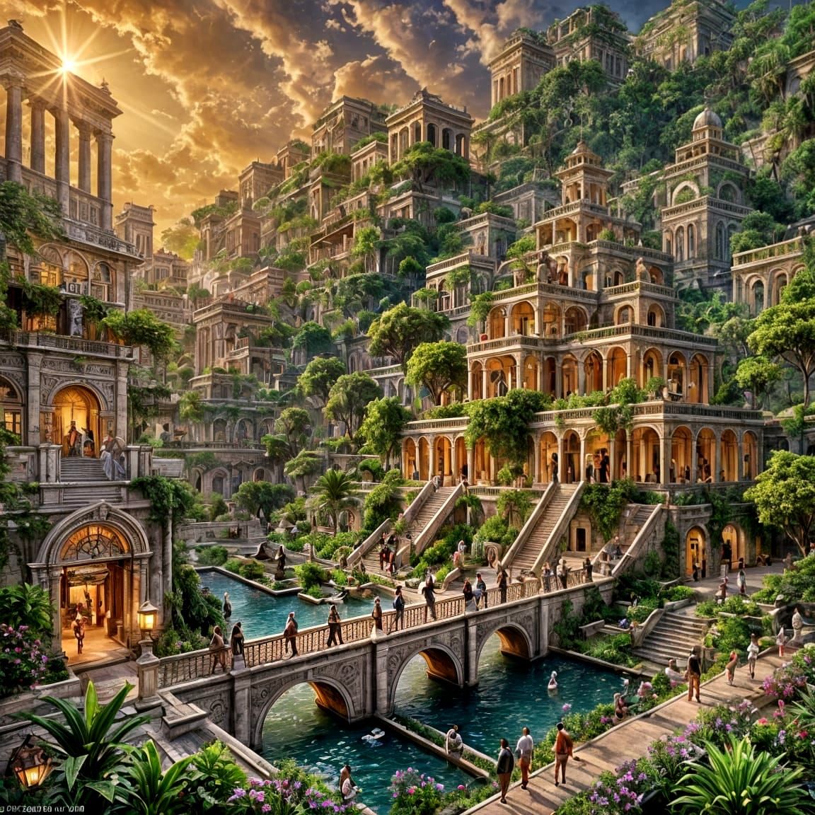 the hanging gardens of babylon at sunset