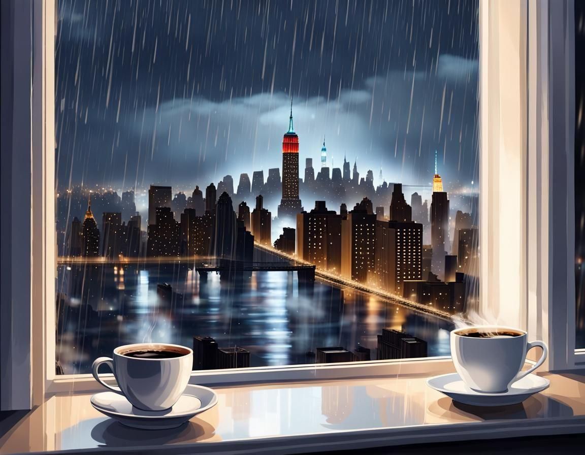Nighttime Coffee with New York City View