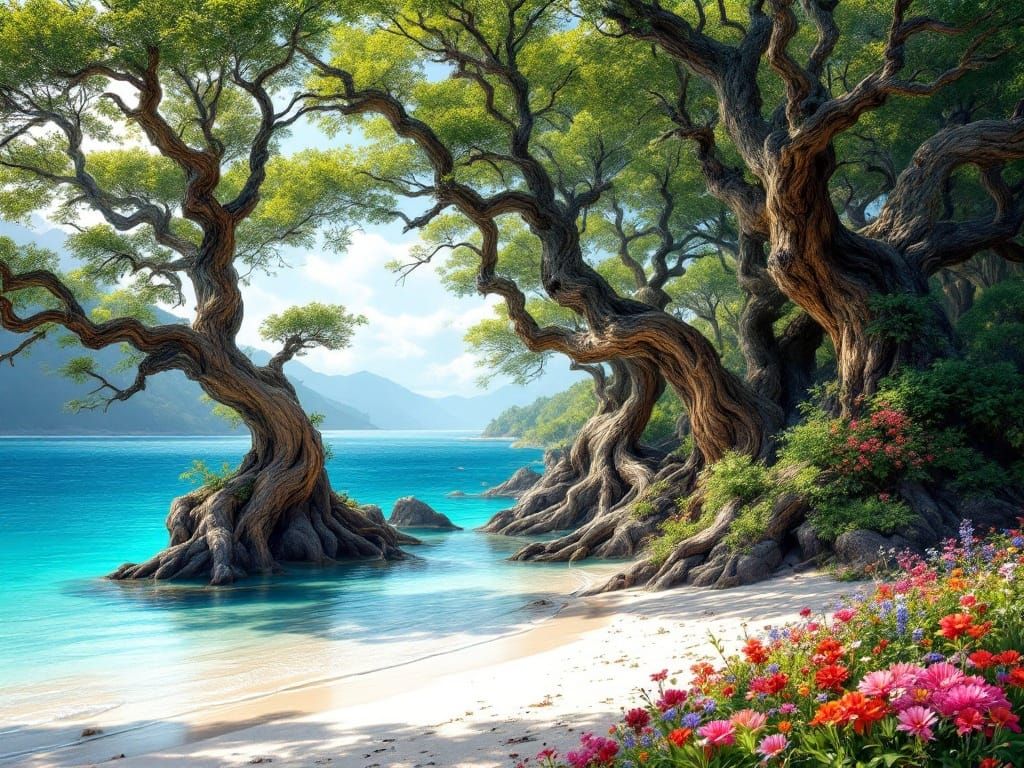 Nordic Trees Thrive on Sandy Beach Peninsula in Crystal-Clea...