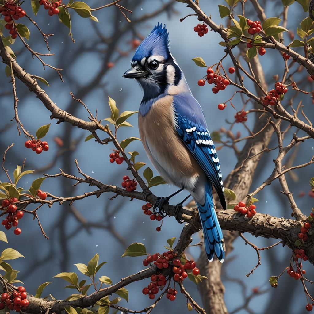 Blue Jay Eating Berry in Detailed Matte Painting