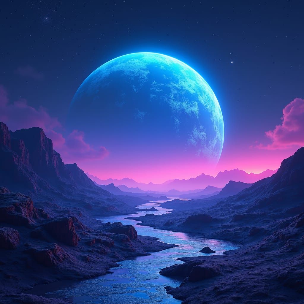 A neon blue/purple gas planet landscape.