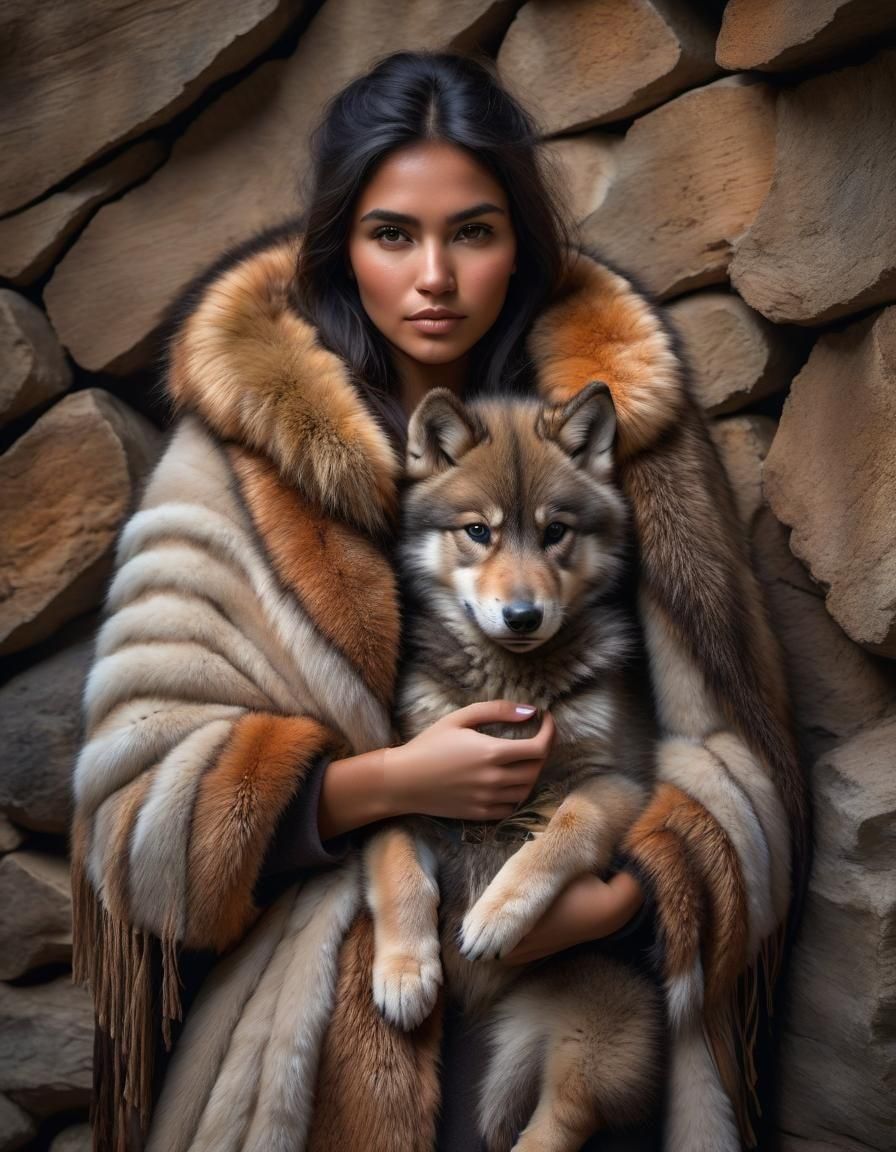 Woman Holding Wolf Cub: Hyperrealistic Photography