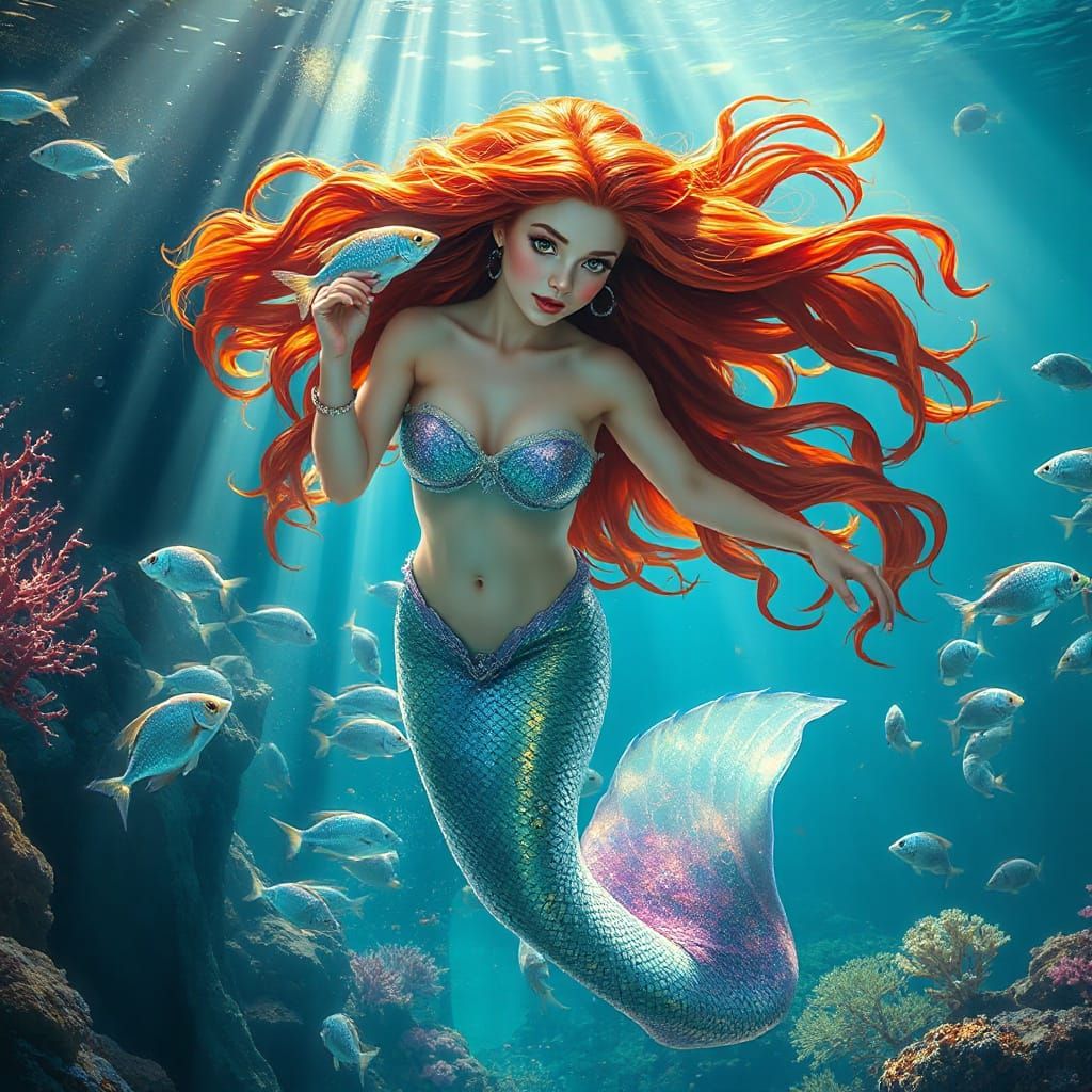 Graceful Mermaid in Coral Reef, Hyperrealistic Art