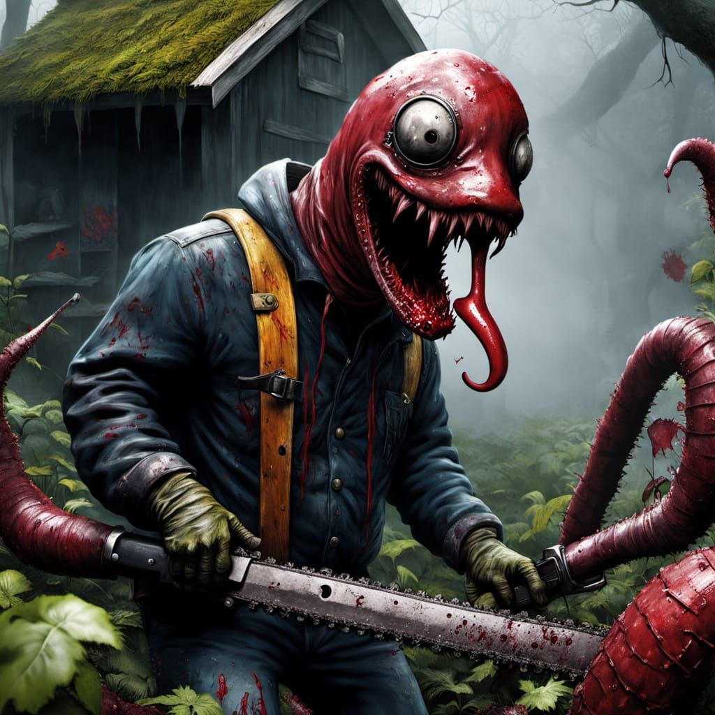 Horror Garden: Giant Worm with Chainsaw in Splatter Art