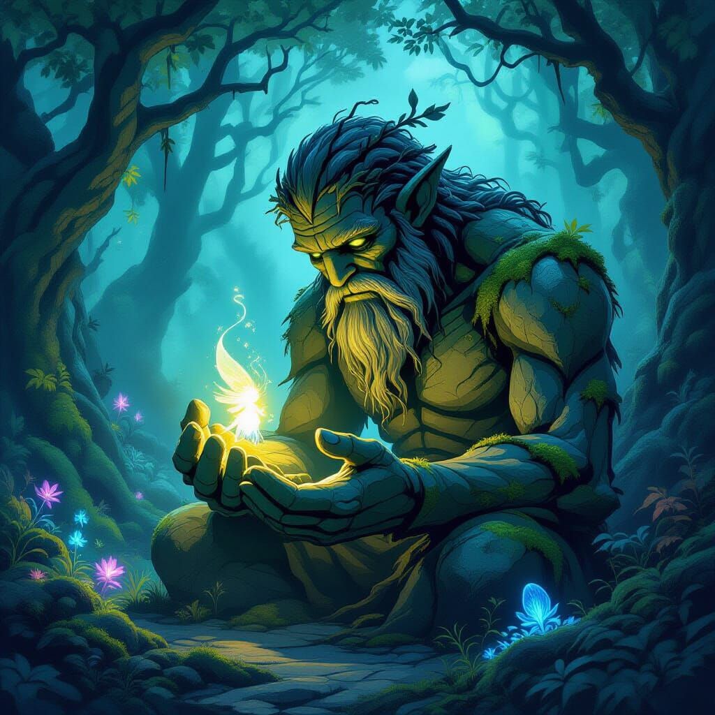 Stone Golem and Sprite in Enchanted Twilight Forest