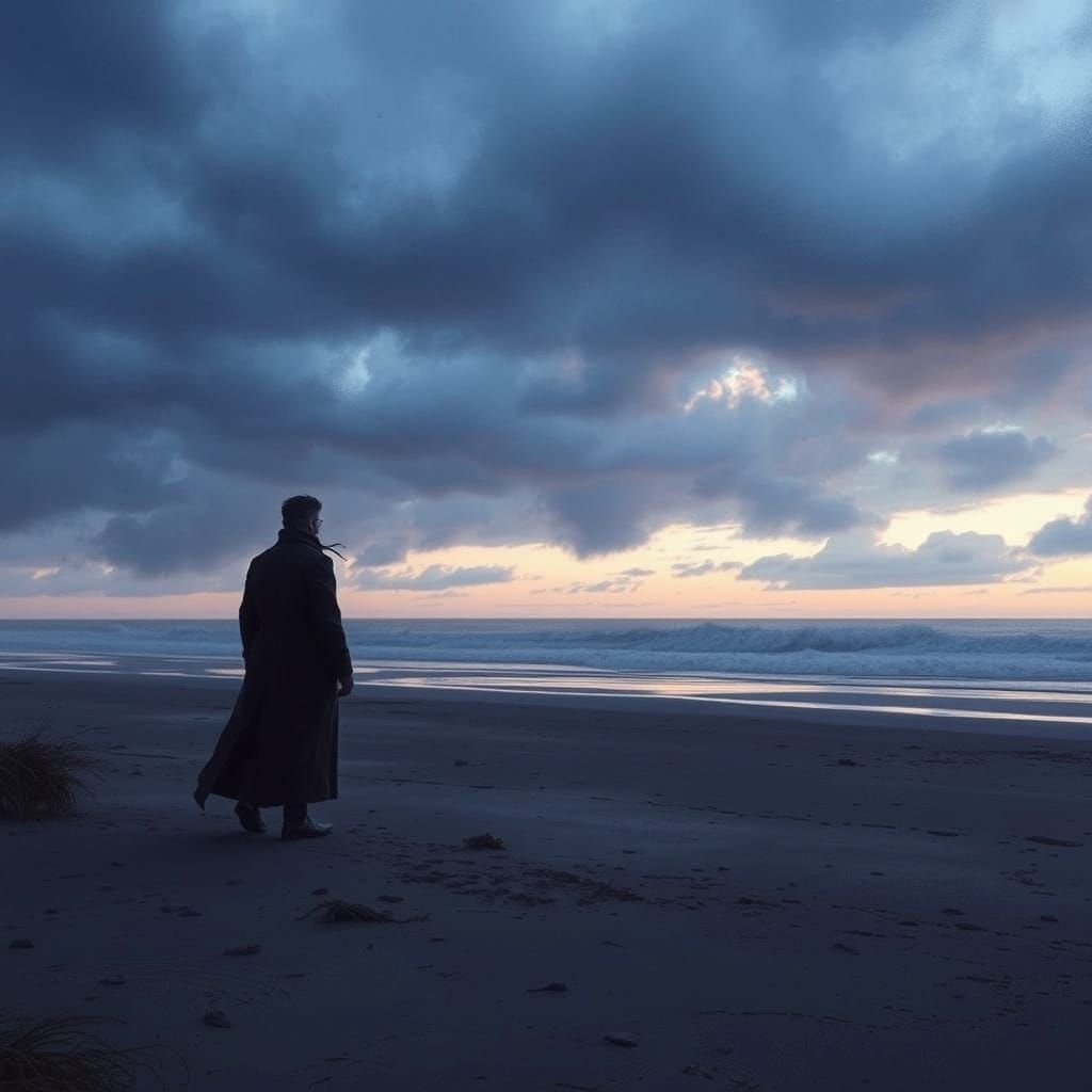 Lone Figure on Stormy Beach in Sci-Fi Style