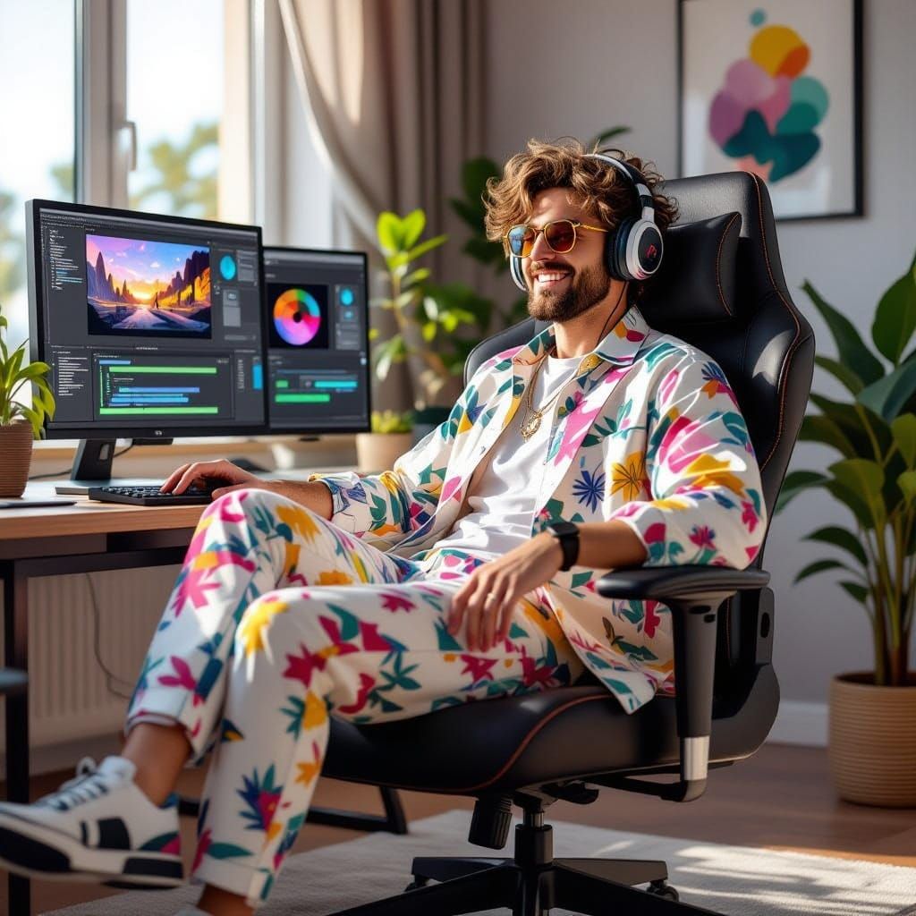 Relaxed Videographer in Anime-Style 3D Rendering