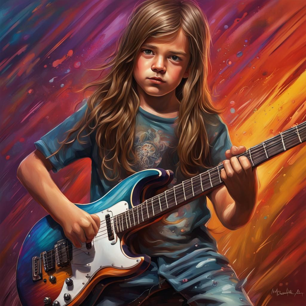 Boy with Guitar: Hyperrealistic Splash Art Portrait