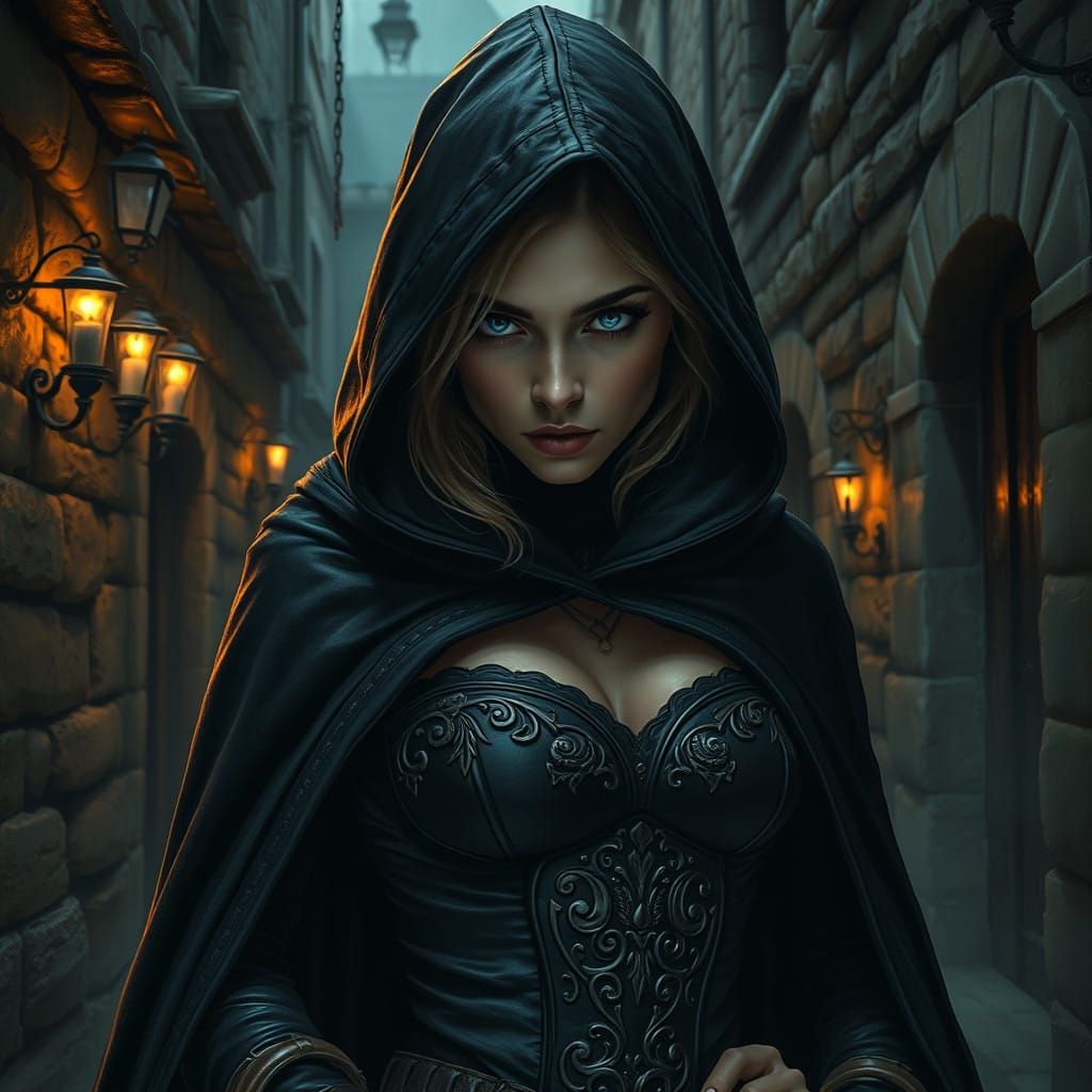 Stealthy Thief Lurks in Ancient Alleyway with Piercing Blue ...