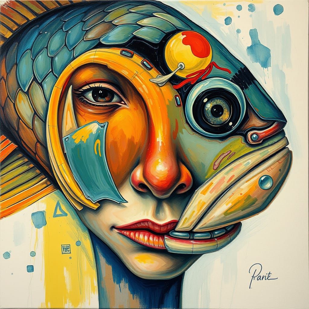 Fish-Human Face in Expressive Gouache Style