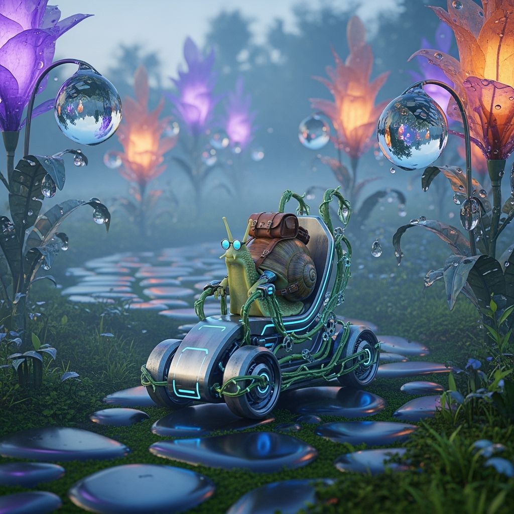 Snail Rides Futuristic Chair Through Enchanted Garden