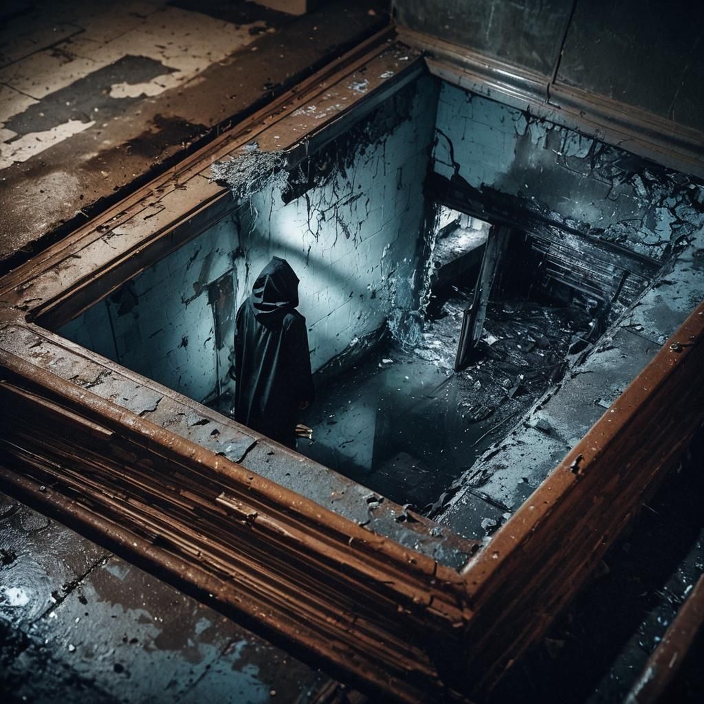Eerie Hooded Figure in Abandoned Asylum: Film Noir