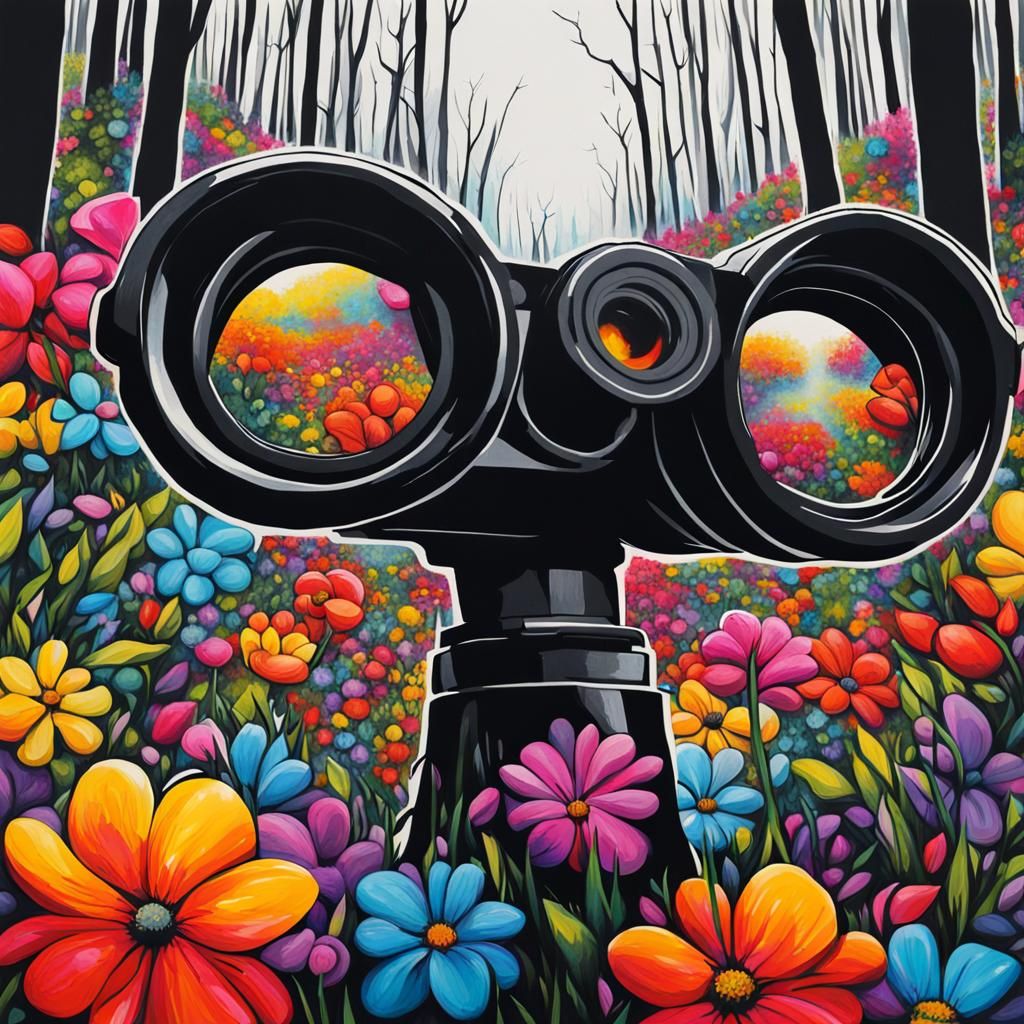Binocular View of Colorful Graffiti Flower Forest