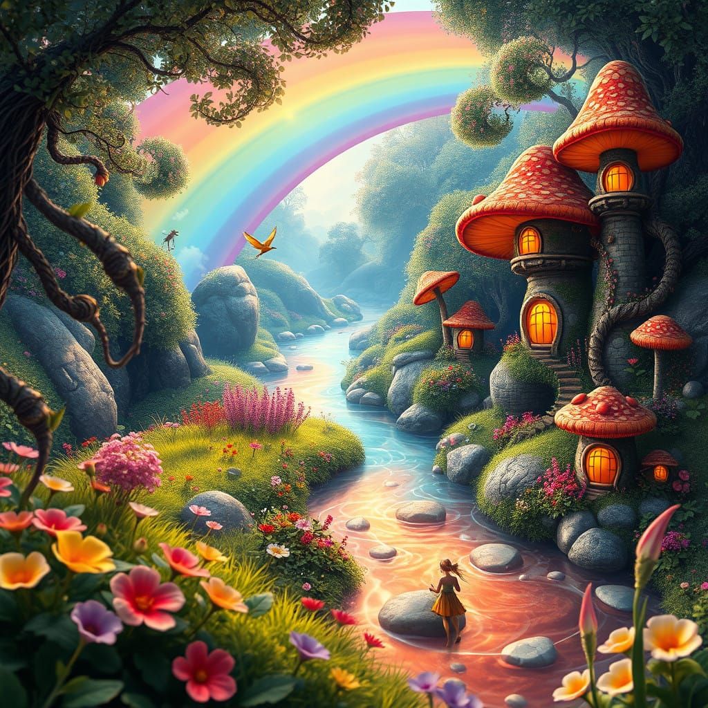 Enchanted Rainbow River Scene in Whimsical Fantasy Style