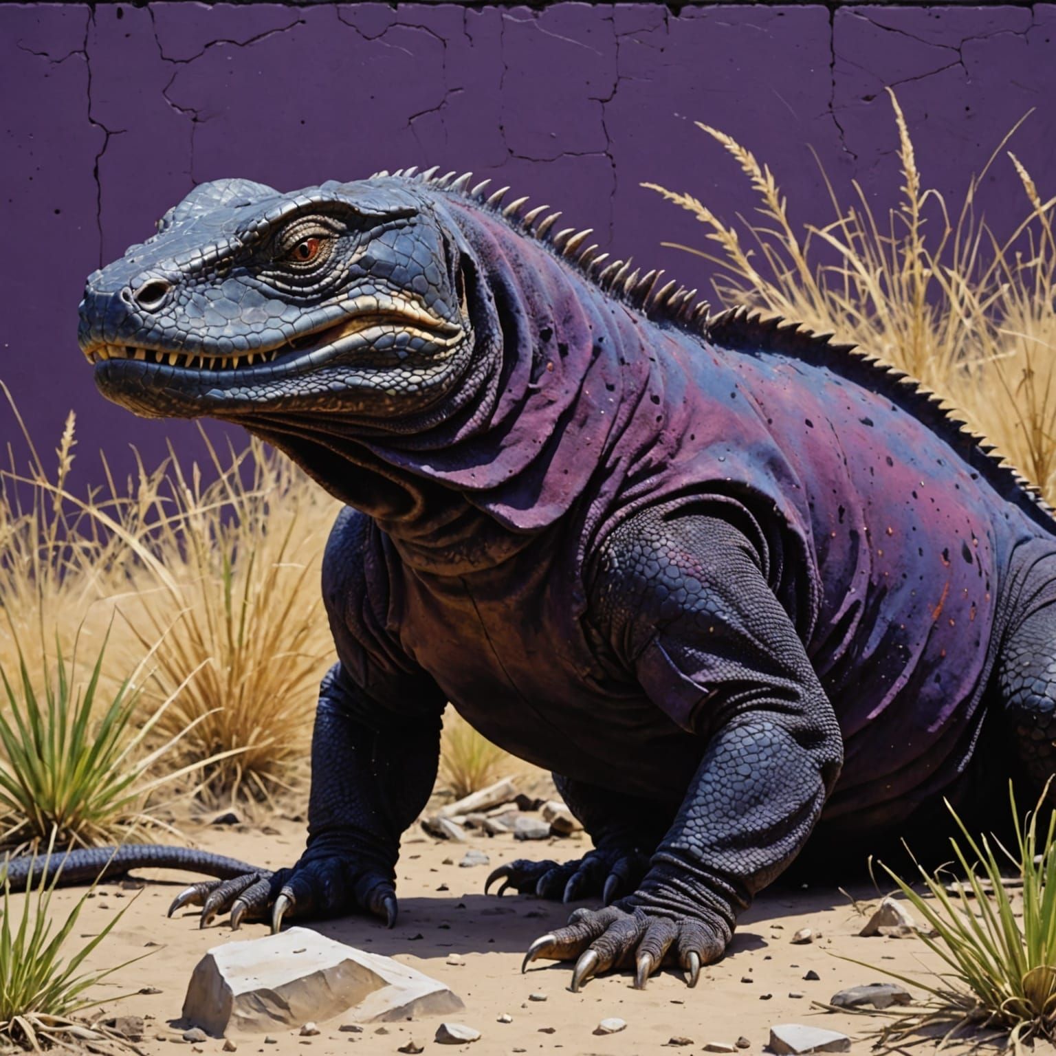 Menacing Dark Purple Komodo Dragon in Rugged Semi-Desert Hab...