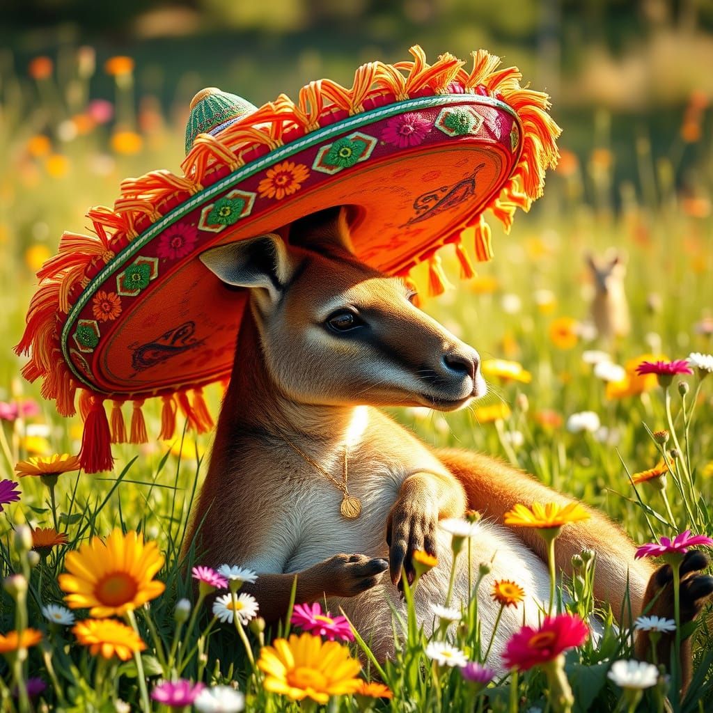 Kangaroo in Sombrero, Mexican Folk Art Style