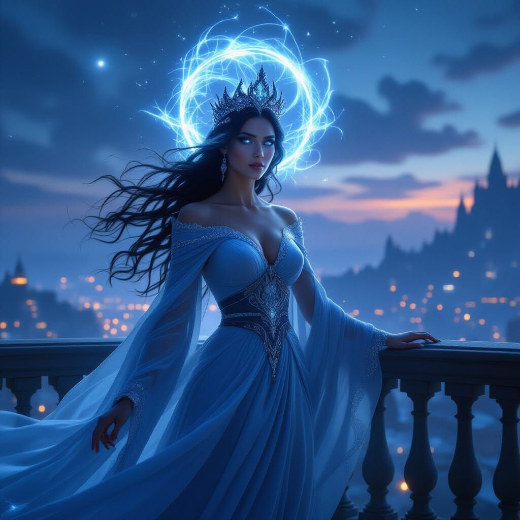 Twilight Goddess Overlooks Chaotic World in Ethereal Fantasy